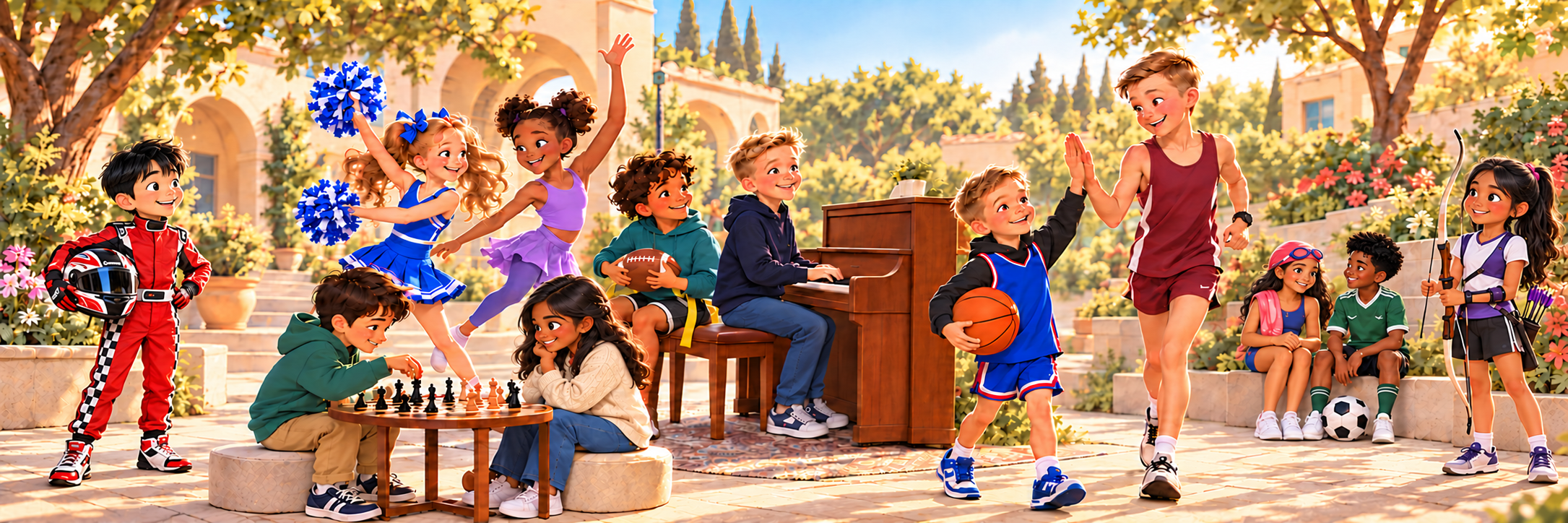 Illustration of fictional young people enjoying kart racing, archery, cheer, dance, flag football, piano, basketball, swimming, soccer and chess together.
